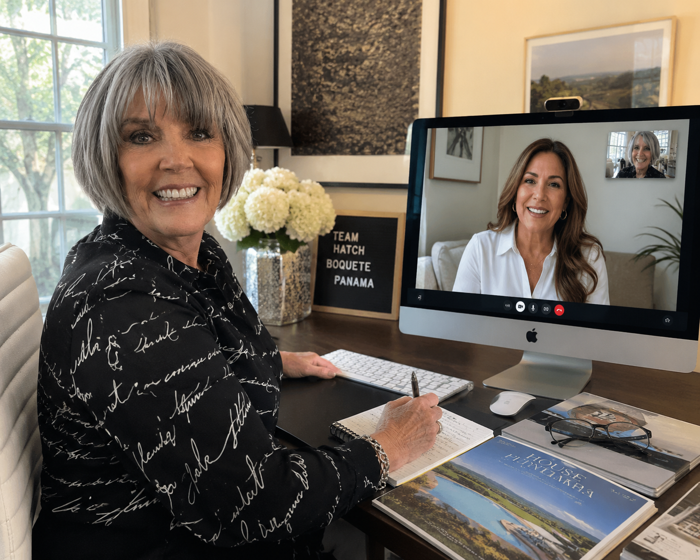 Joanne Hatch on a monthly Zoom check-in call with clients